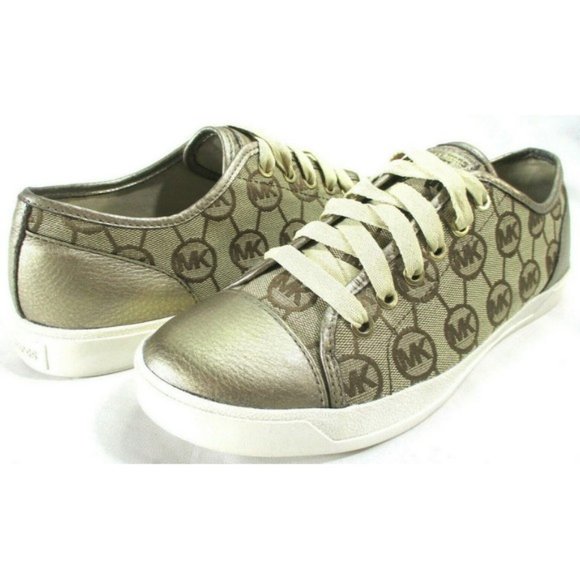 MICHAEL KORS Logo Jacquard Gold Leather Sneakers - Picture 1 of 8